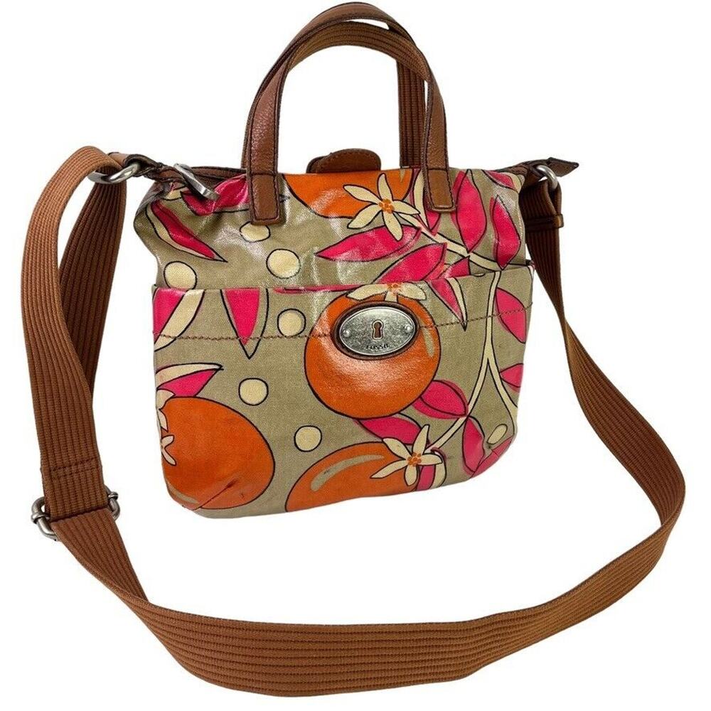 Fossil Key Per Waxed Canvas Orange Pink Leather Trim Crossbody Handbag Satchel